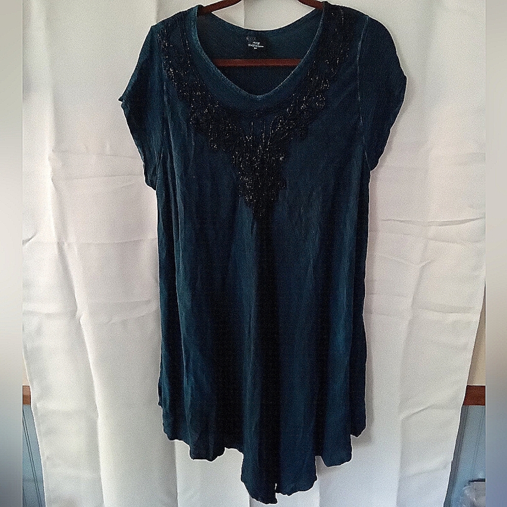 Ace Fashion, 3XL, handkerchief hem, navy blue, beaded neck line,